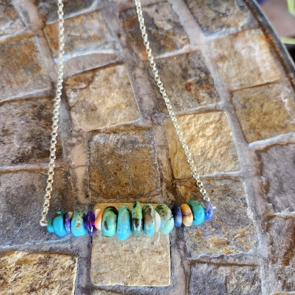Sterling Silver Multi Gemstone Bar Necklace - Picture 10 of 16